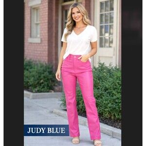 Judy Blue Faux Leather Pant 13/31 Hot Pink Tummy Control Straight Stretch Barbie